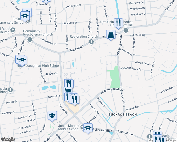 map of restaurants, bars, coffee shops, grocery stores, and more near 10 Alton Court in Hampton