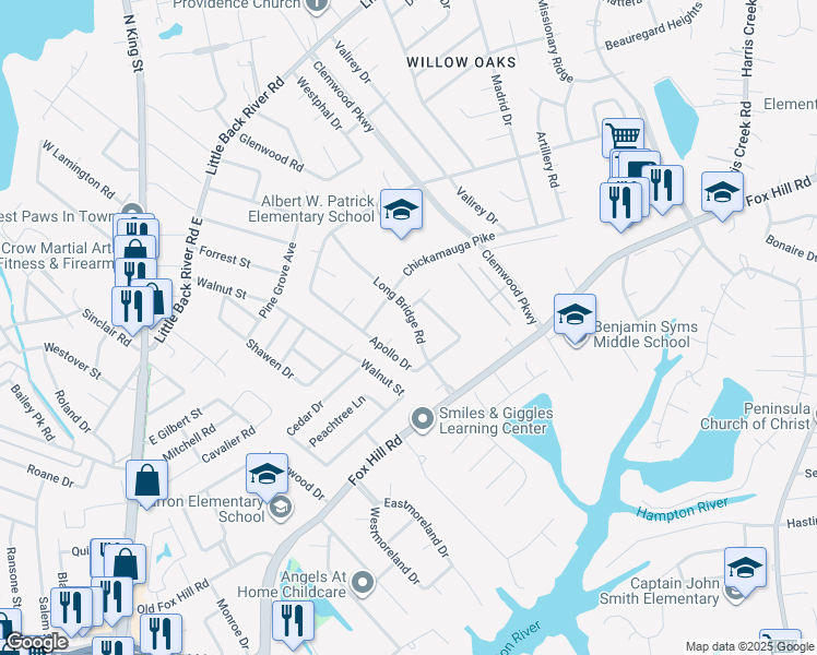 map of restaurants, bars, coffee shops, grocery stores, and more near 100 Bear Creek Crossing in Hampton