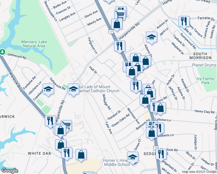 map of restaurants, bars, coffee shops, grocery stores, and more near 104 Hull Street in Newport News