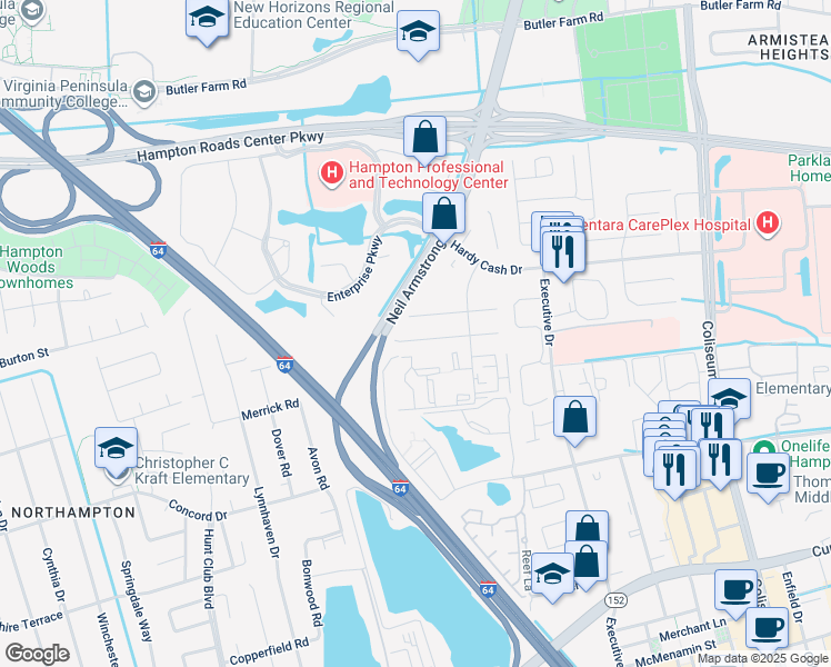 map of restaurants, bars, coffee shops, grocery stores, and more near 68 Terri Sue Court in Hampton