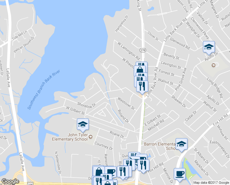 map of restaurants, bars, coffee shops, grocery stores, and more near 105 Wedgewood Drive in Hampton