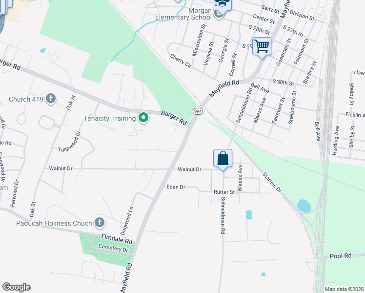map of restaurants, bars, coffee shops, grocery stores, and more near Mayfield Paducah Road in Paducah