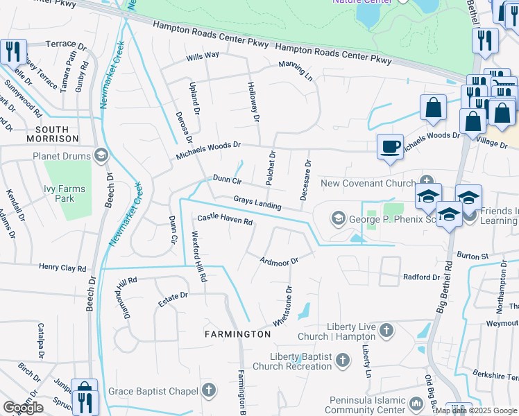 map of restaurants, bars, coffee shops, grocery stores, and more near 94 Grays Landing in Hampton