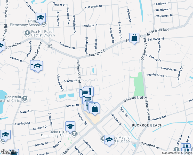 map of restaurants, bars, coffee shops, grocery stores, and more near 109 Bridgeport Cove Drive in Hampton