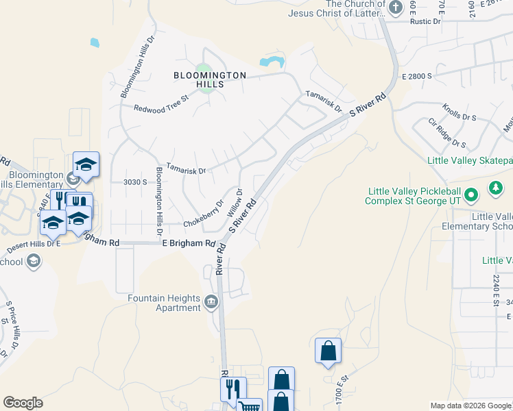 map of restaurants, bars, coffee shops, grocery stores, and more near 3198 South Relic Ridge Drive in St. George