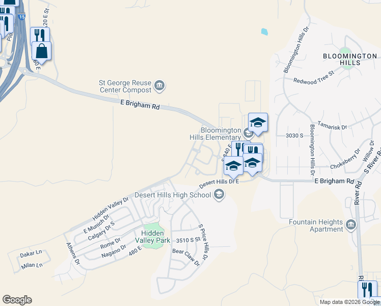 map of restaurants, bars, coffee shops, grocery stores, and more near 3157 South Hidden Valley Drive in St. George