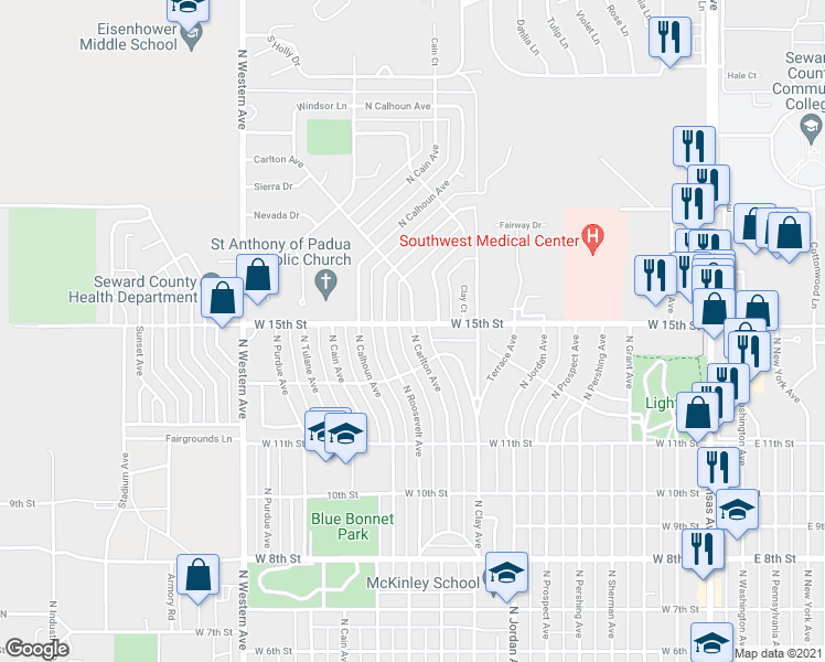 map of restaurants, bars, coffee shops, grocery stores, and more near 1420 North Carlton Avenue in Liberal