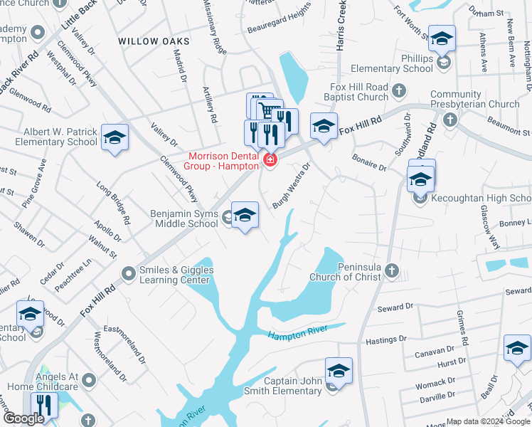 map of restaurants, bars, coffee shops, grocery stores, and more near 407 Dunham Massie Drive in Hampton