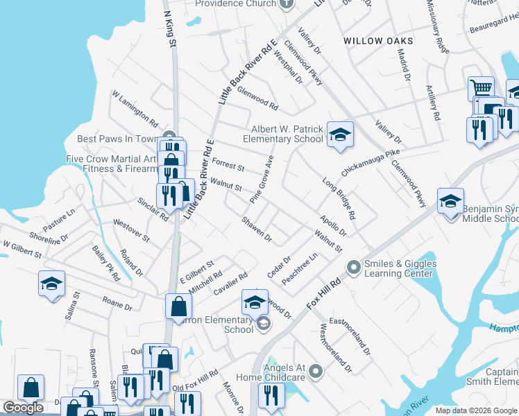 map of restaurants, bars, coffee shops, grocery stores, and more near 111 Pine Grove Avenue in Hampton