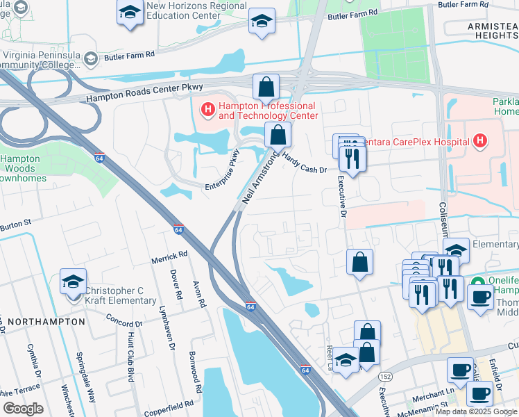 map of restaurants, bars, coffee shops, grocery stores, and more near 68 Terri Sue Court in Hampton