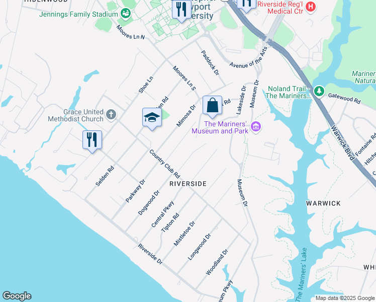 map of restaurants, bars, coffee shops, grocery stores, and more near 316 Parkway Drive in Newport News