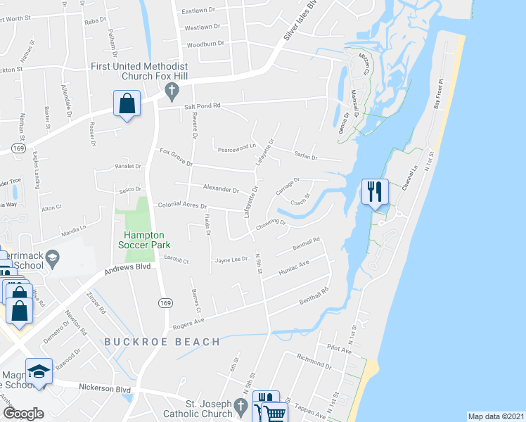 map of restaurants, bars, coffee shops, grocery stores, and more near 1755 Carriage Drive in Hampton