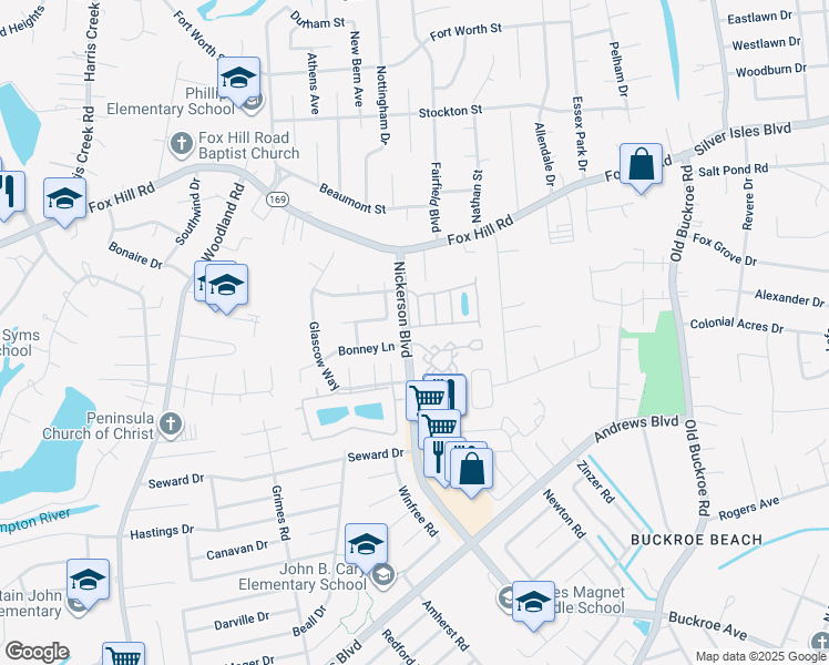 map of restaurants, bars, coffee shops, grocery stores, and more near 2 Angelia Way in Hampton