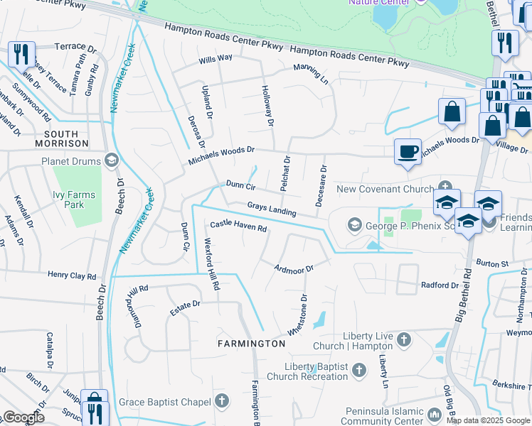 map of restaurants, bars, coffee shops, grocery stores, and more near 112 Grays Landing in Hampton
