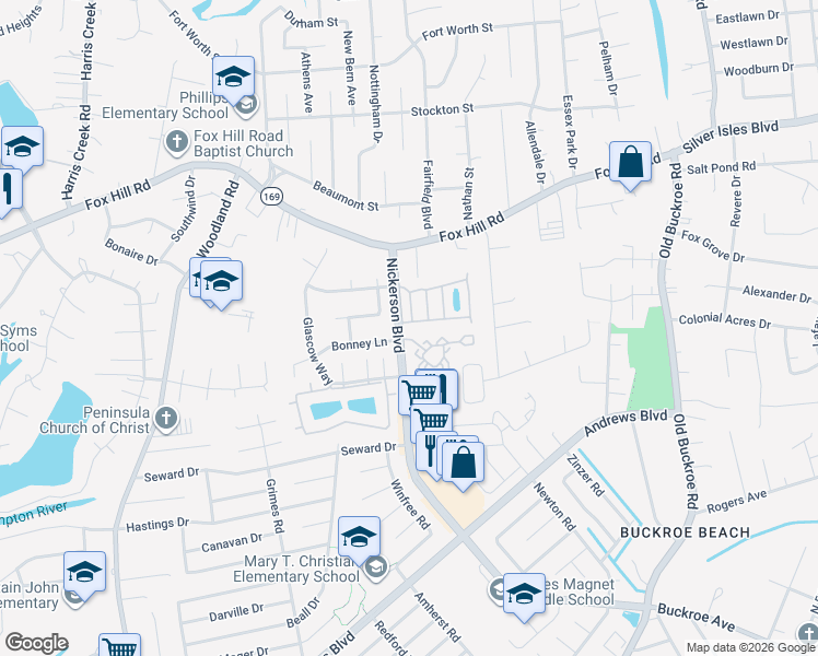 map of restaurants, bars, coffee shops, grocery stores, and more near 4 Angelia Way in Hampton