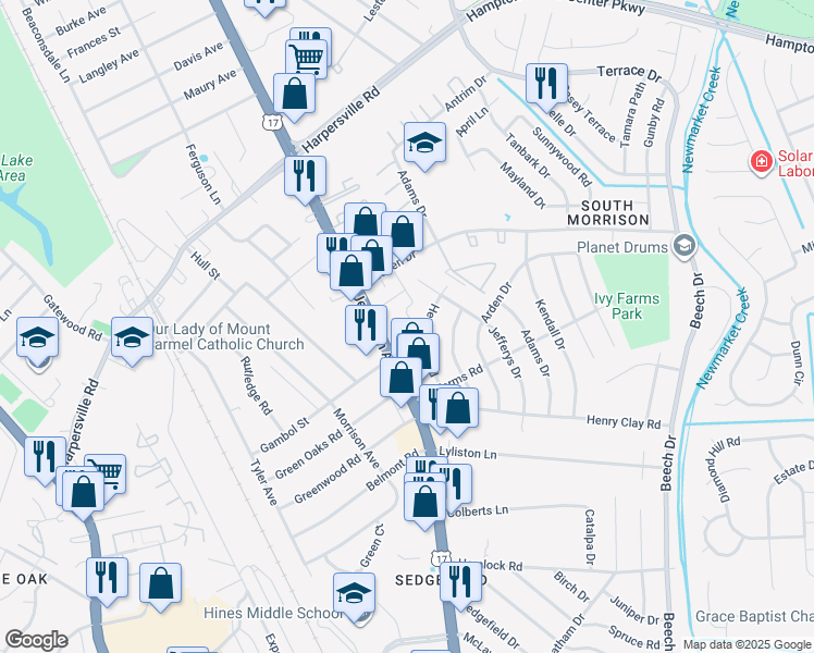 map of restaurants, bars, coffee shops, grocery stores, and more near 100 Tricia Lane in Newport News