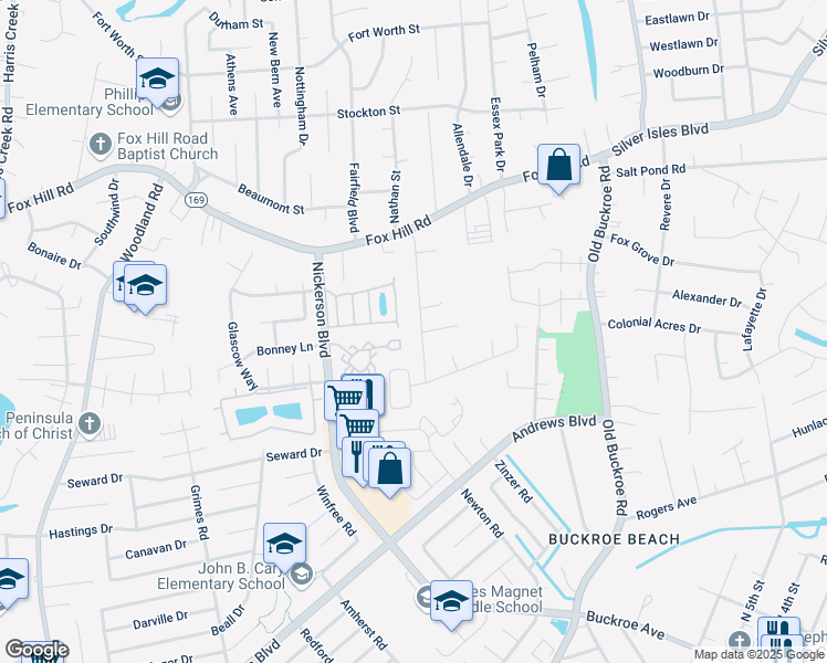 map of restaurants, bars, coffee shops, grocery stores, and more near 28 Eagles Landing in Hampton