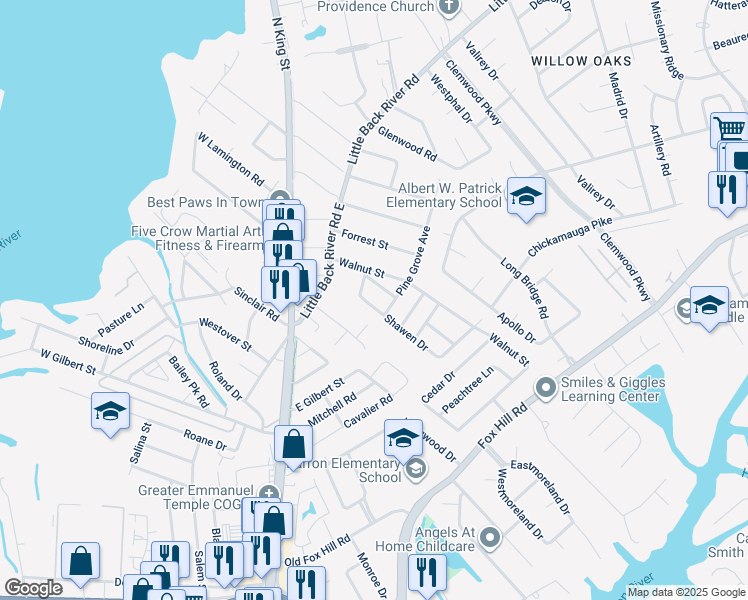 map of restaurants, bars, coffee shops, grocery stores, and more near 215 Shawen Drive in Hampton