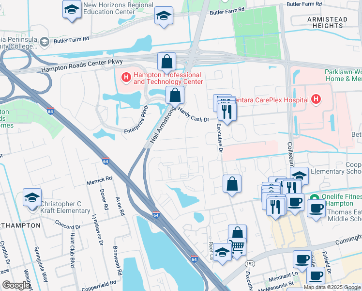 map of restaurants, bars, coffee shops, grocery stores, and more near 15 Terri Sue Court in Hampton