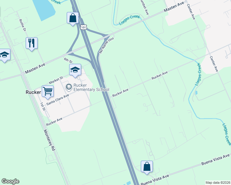 map of restaurants, bars, coffee shops, grocery stores, and more near 615 Rucker Avenue in Gilroy
