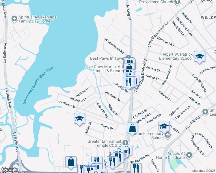 map of restaurants, bars, coffee shops, grocery stores, and more near 105 Wedgewood Drive in Hampton
