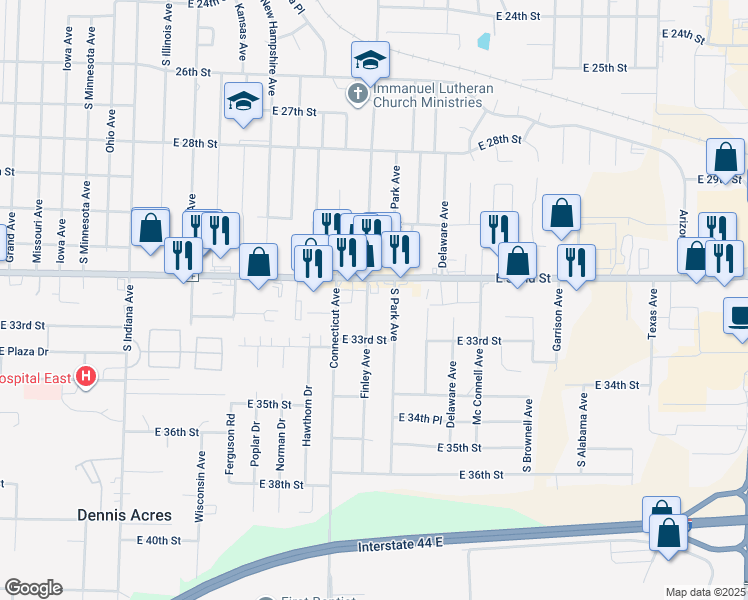 map of restaurants, bars, coffee shops, grocery stores, and more near 1806 East 32nd Street in Joplin