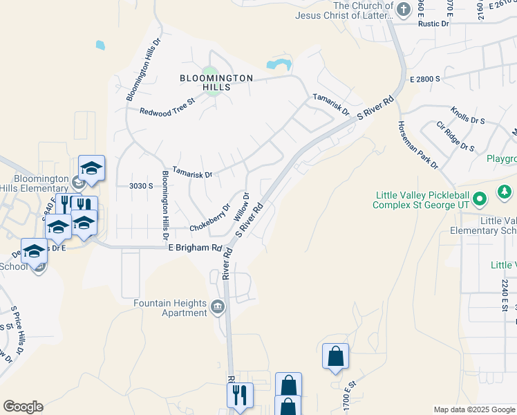 map of restaurants, bars, coffee shops, grocery stores, and more near River Road in St. George