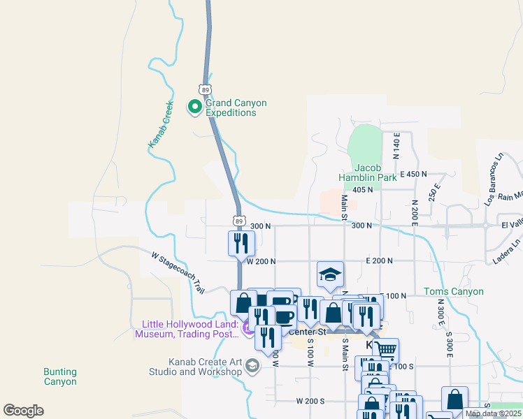 map of restaurants, bars, coffee shops, grocery stores, and more near 238 West 300 North in Kanab