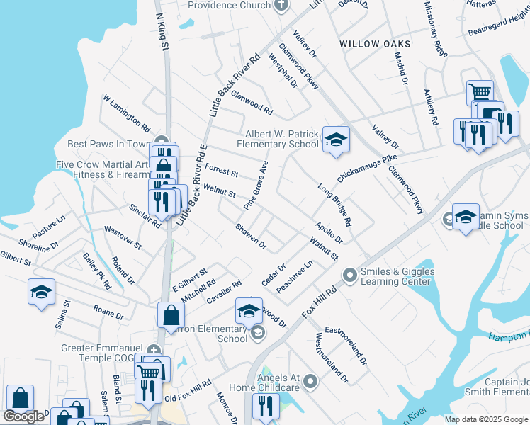 map of restaurants, bars, coffee shops, grocery stores, and more near 311 Walnut Street in Hampton