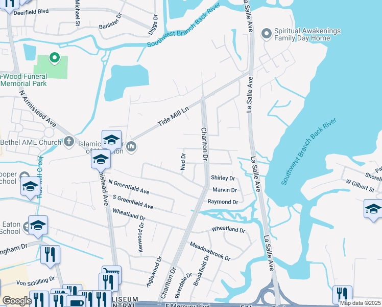 map of restaurants, bars, coffee shops, grocery stores, and more near 108 Bramston Drive in Hampton