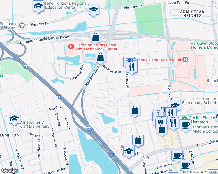 map of restaurants, bars, coffee shops, grocery stores, and more near 18 Christine Court in Hampton