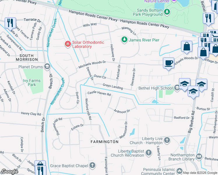 map of restaurants, bars, coffee shops, grocery stores, and more near 112 Grays Landing in Hampton