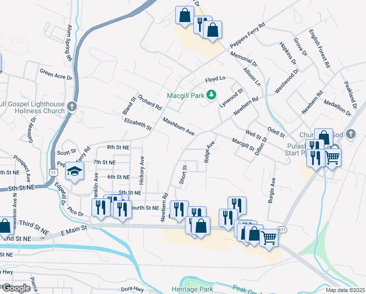 map of restaurants, bars, coffee shops, grocery stores, and more near 737 Newbern Road in Pulaski