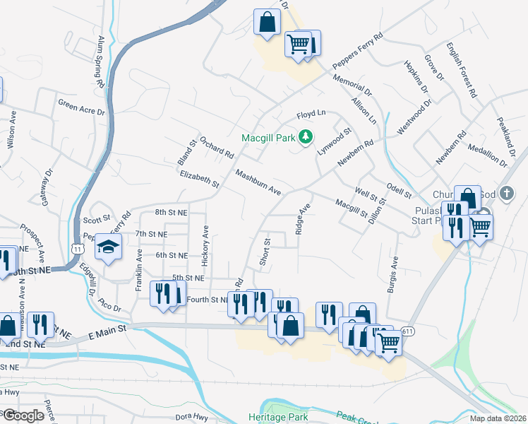 map of restaurants, bars, coffee shops, grocery stores, and more near 737 Newbern Road in Pulaski