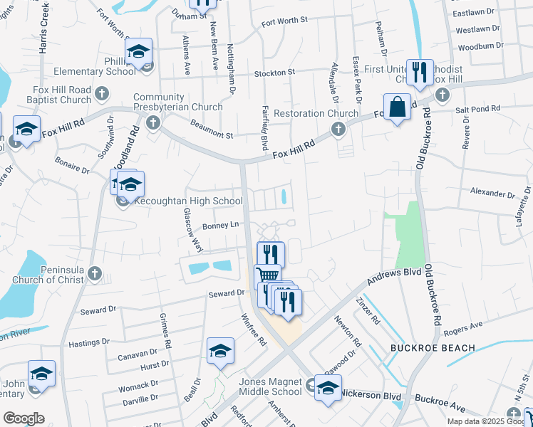 map of restaurants, bars, coffee shops, grocery stores, and more near 20 Angelia Way in Hampton