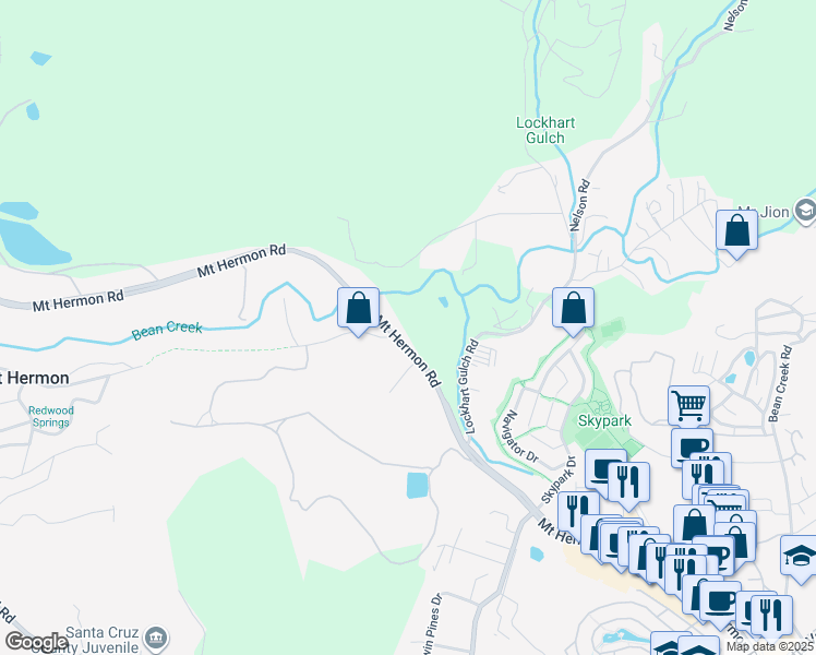 map of restaurants, bars, coffee shops, grocery stores, and more near 1280 Mount Hermon Road in Scotts Valley