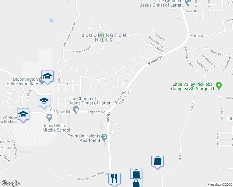 map of restaurants, bars, coffee shops, grocery stores, and more near 1200 Willow Drive in St. George
