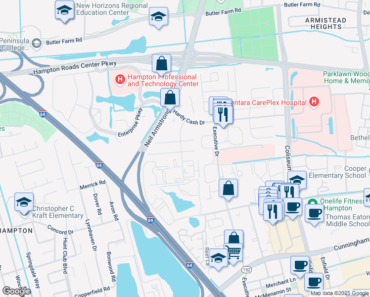map of restaurants, bars, coffee shops, grocery stores, and more near 18 Christine Court in Hampton