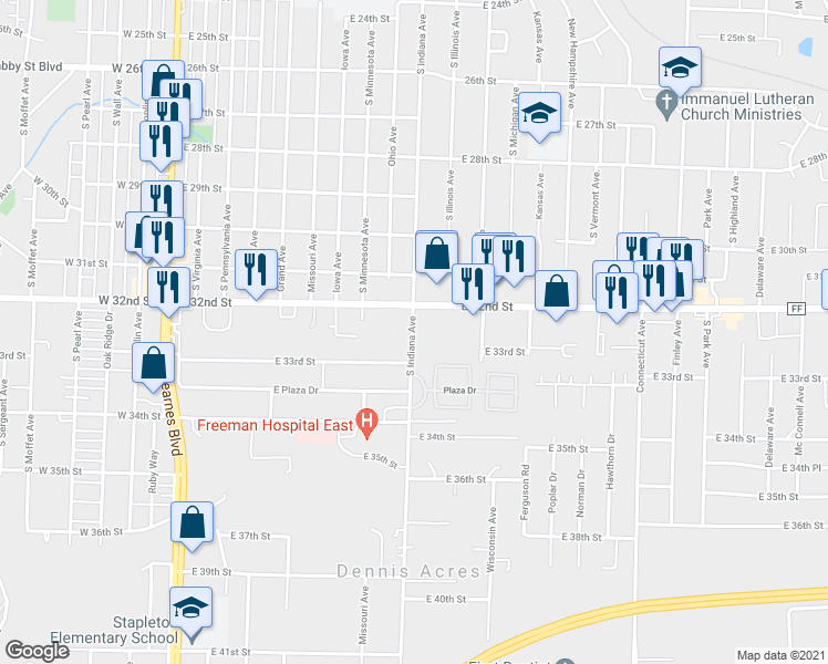 map of restaurants, bars, coffee shops, grocery stores, and more near 3243 North Indiana Avenue in Joplin