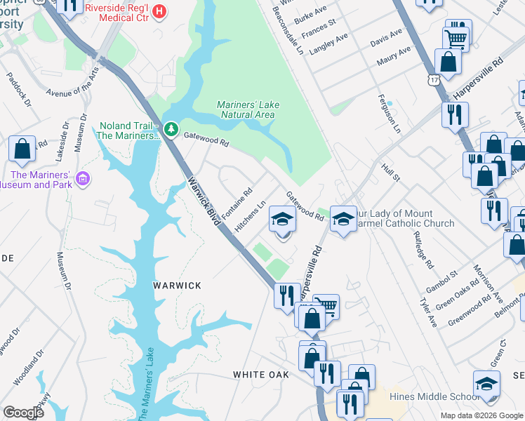 map of restaurants, bars, coffee shops, grocery stores, and more near 36 Hitchens Lane in Newport News