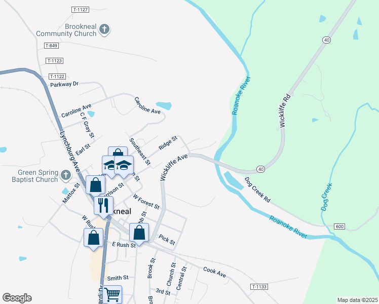 map of restaurants, bars, coffee shops, grocery stores, and more near 109 Ridge Street in Brookneal