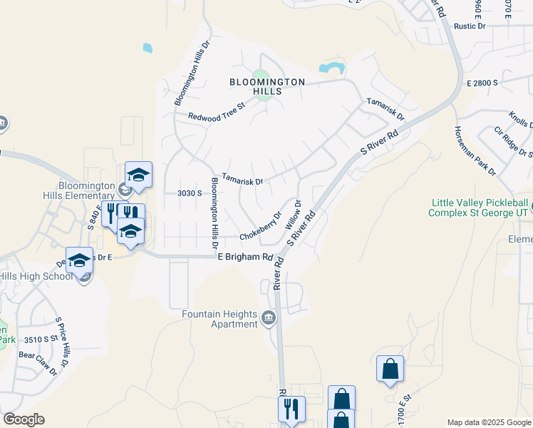 map of restaurants, bars, coffee shops, grocery stores, and more near 3072 Ninebark Circle in St. George