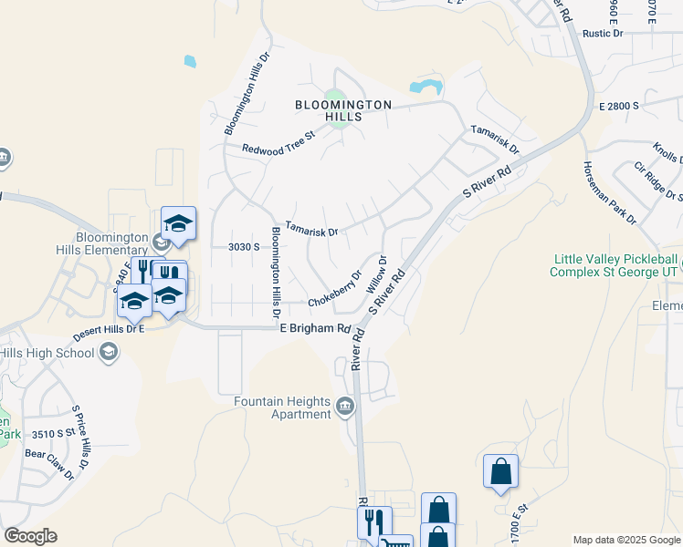 map of restaurants, bars, coffee shops, grocery stores, and more near 3072 Ninebark Circle in St. George