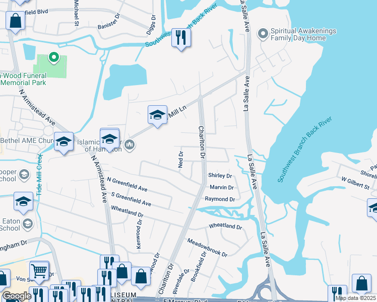 map of restaurants, bars, coffee shops, grocery stores, and more near 108 Bramston Drive in Hampton