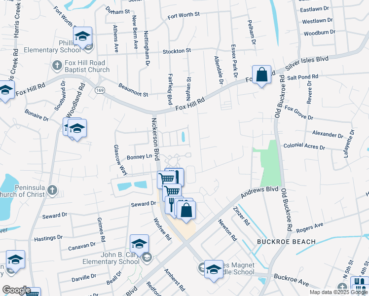 map of restaurants, bars, coffee shops, grocery stores, and more near 40 Angelia Way in Hampton