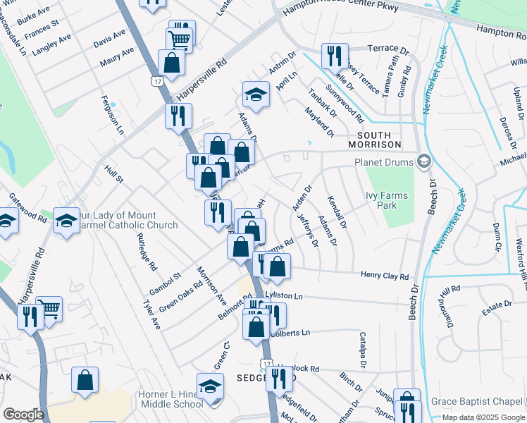 map of restaurants, bars, coffee shops, grocery stores, and more near 81 Henry Clay Road in Newport News