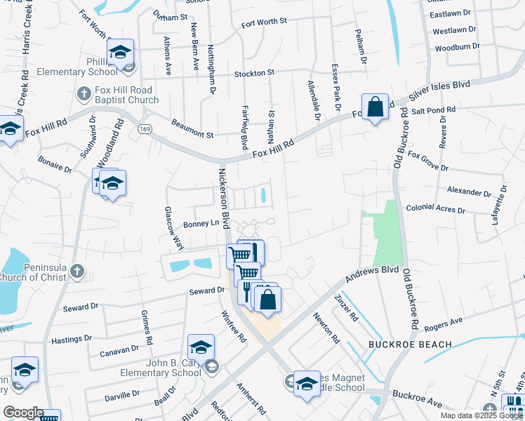 map of restaurants, bars, coffee shops, grocery stores, and more near 38 Angelia Way in Hampton
