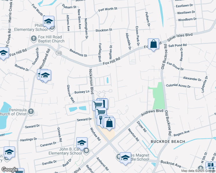 map of restaurants, bars, coffee shops, grocery stores, and more near 40 Angelia Way in Hampton
