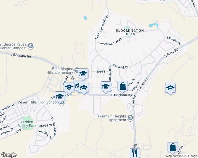 map of restaurants, bars, coffee shops, grocery stores, and more near 3059 Bayberry Circle in St. George