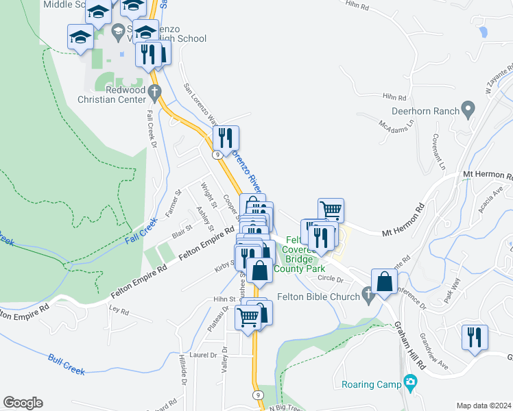 map of restaurants, bars, coffee shops, grocery stores, and more near 6390 California 9 in Felton